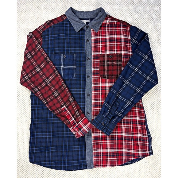 Uniqlo Other - UNIQLO Mens XL Patchwork Plaid Flannel Shirt Red Navy Blue Cotton Button Up
